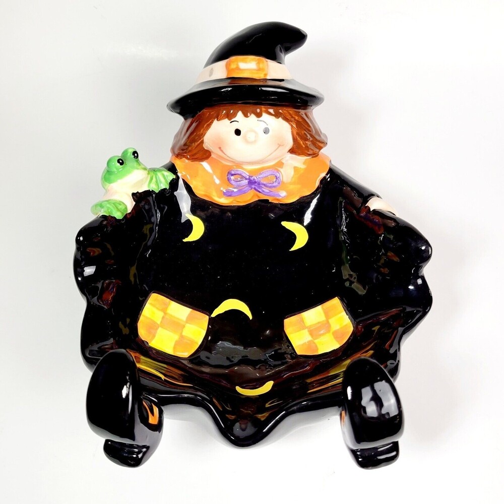Halloween Witch Frog Candy Dish Bowl Decor Trick R Treat Ceramic 9 X 6" *READ*